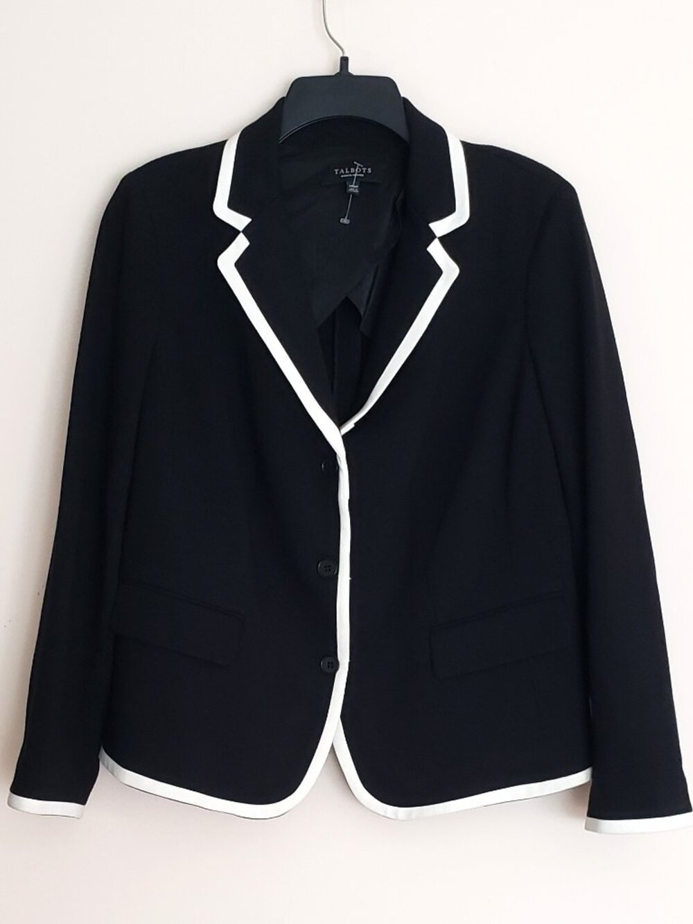 New Talbots Women 14W Petite Black White Trim Jacket Blazer Stretch Pockets